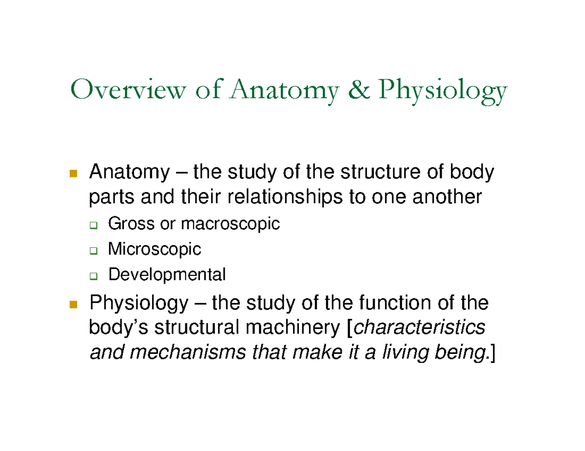 Anatomy and Physiology Overview - Unit 1 Introduction Notes - Overview ...