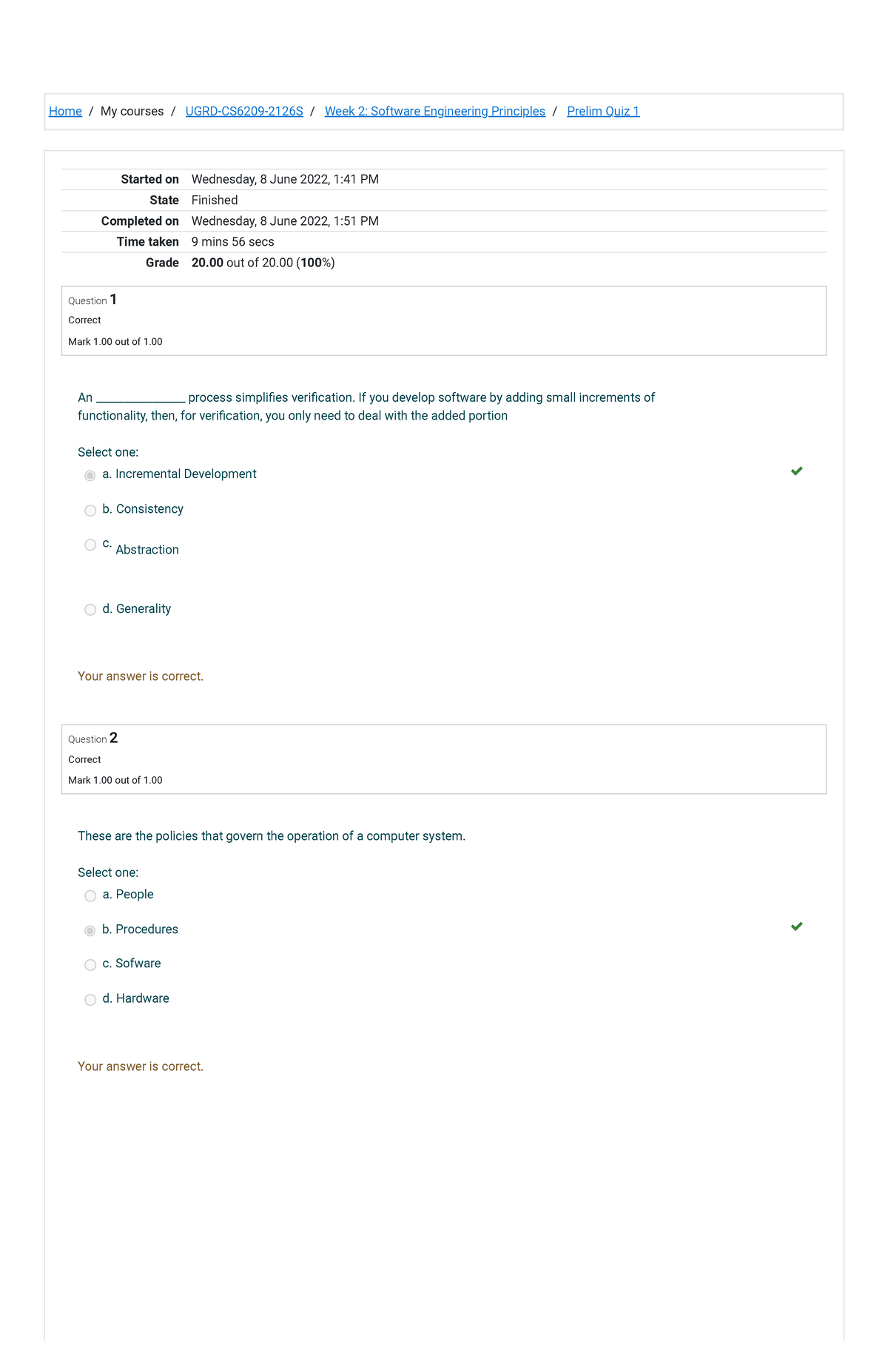 UGRD-CS6209-2126S Prelim Quiz 1 Review and Results Analysis - Studocu