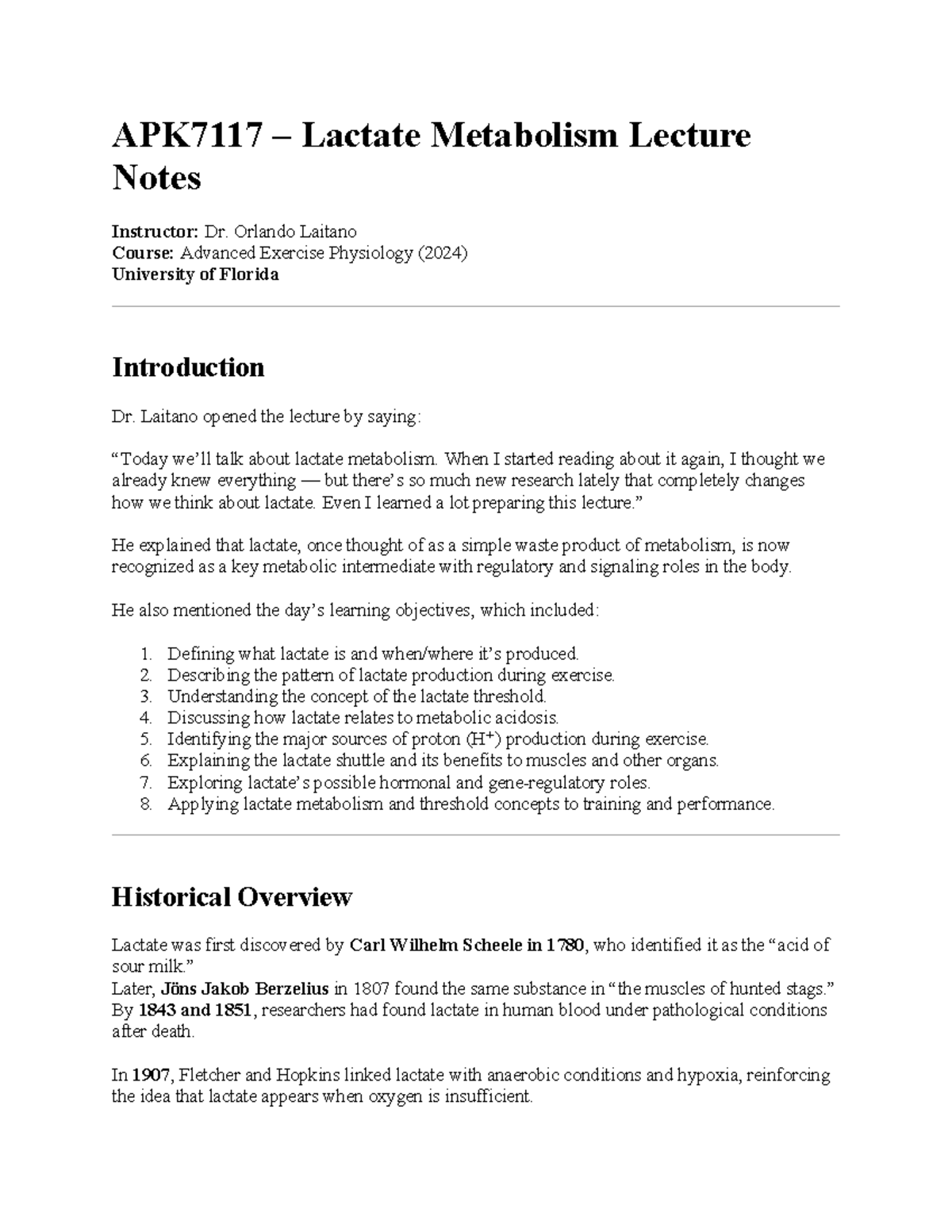 APK7117 Lactate Metabolism Lecture Notes: Insights from Dr. Laitano ...