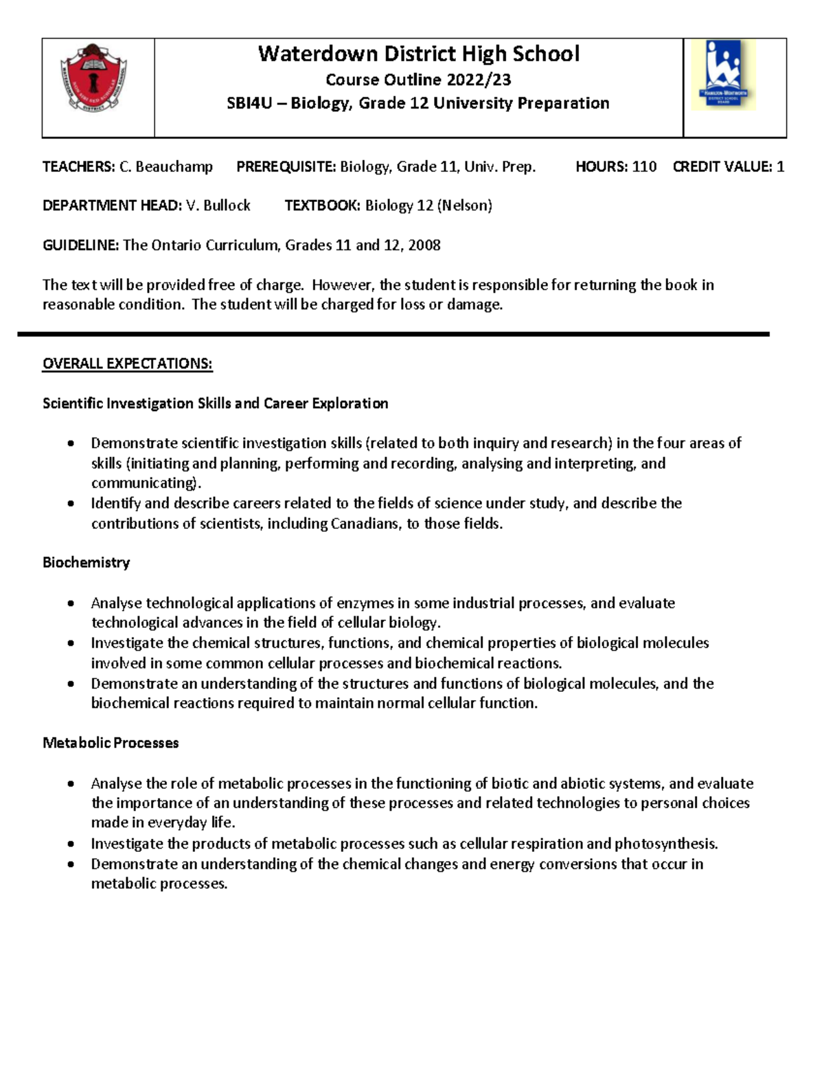 Course Outline SBI4U: Grade 12 Biology Overview 2022-23 - Studocu