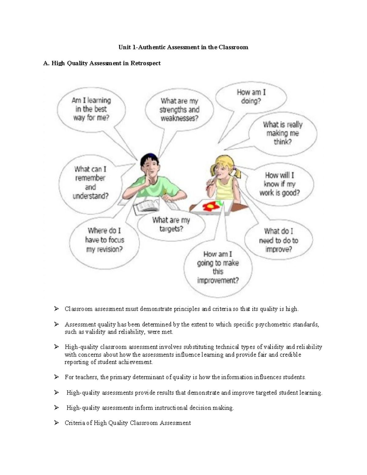 EDU101 Week 1: High Quality Assessment in the Classroom - Studocu