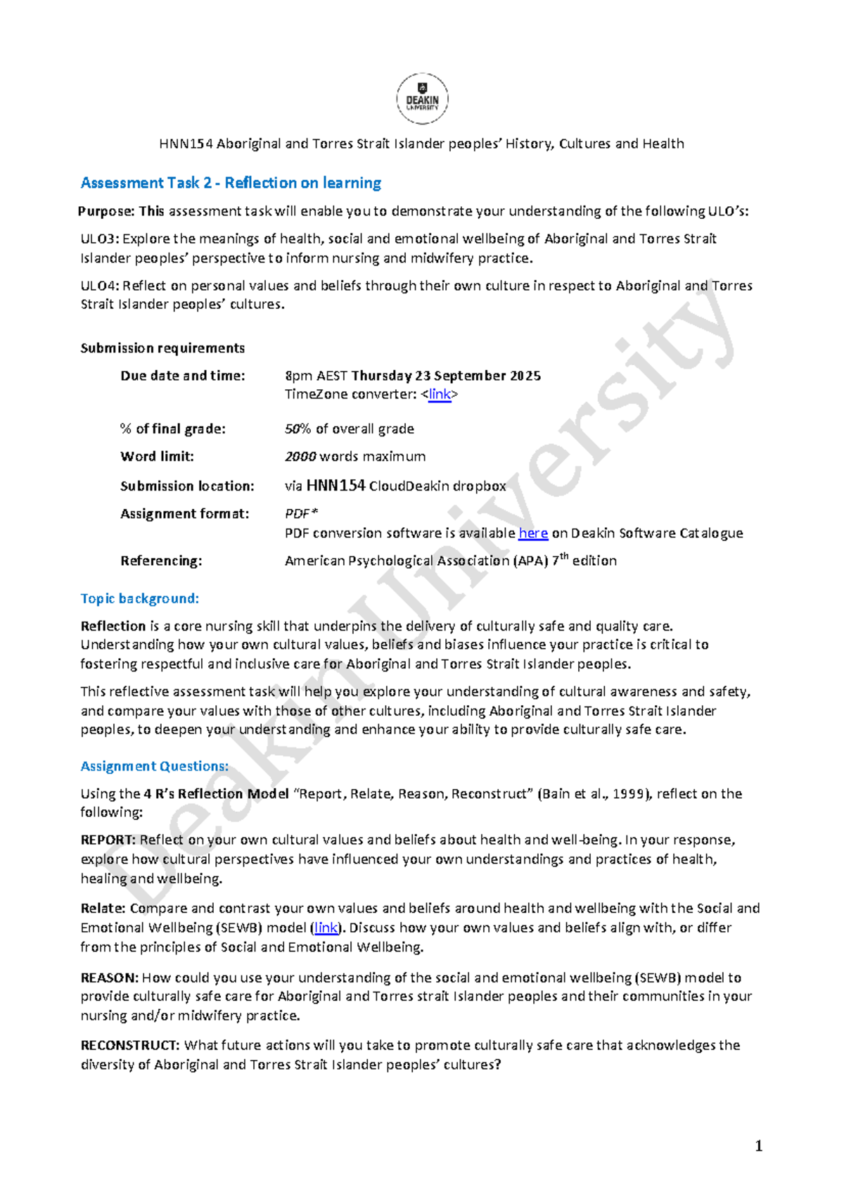 HNN154 Assessment Task 2: Reflection on Aboriginal Health Perspectives ...