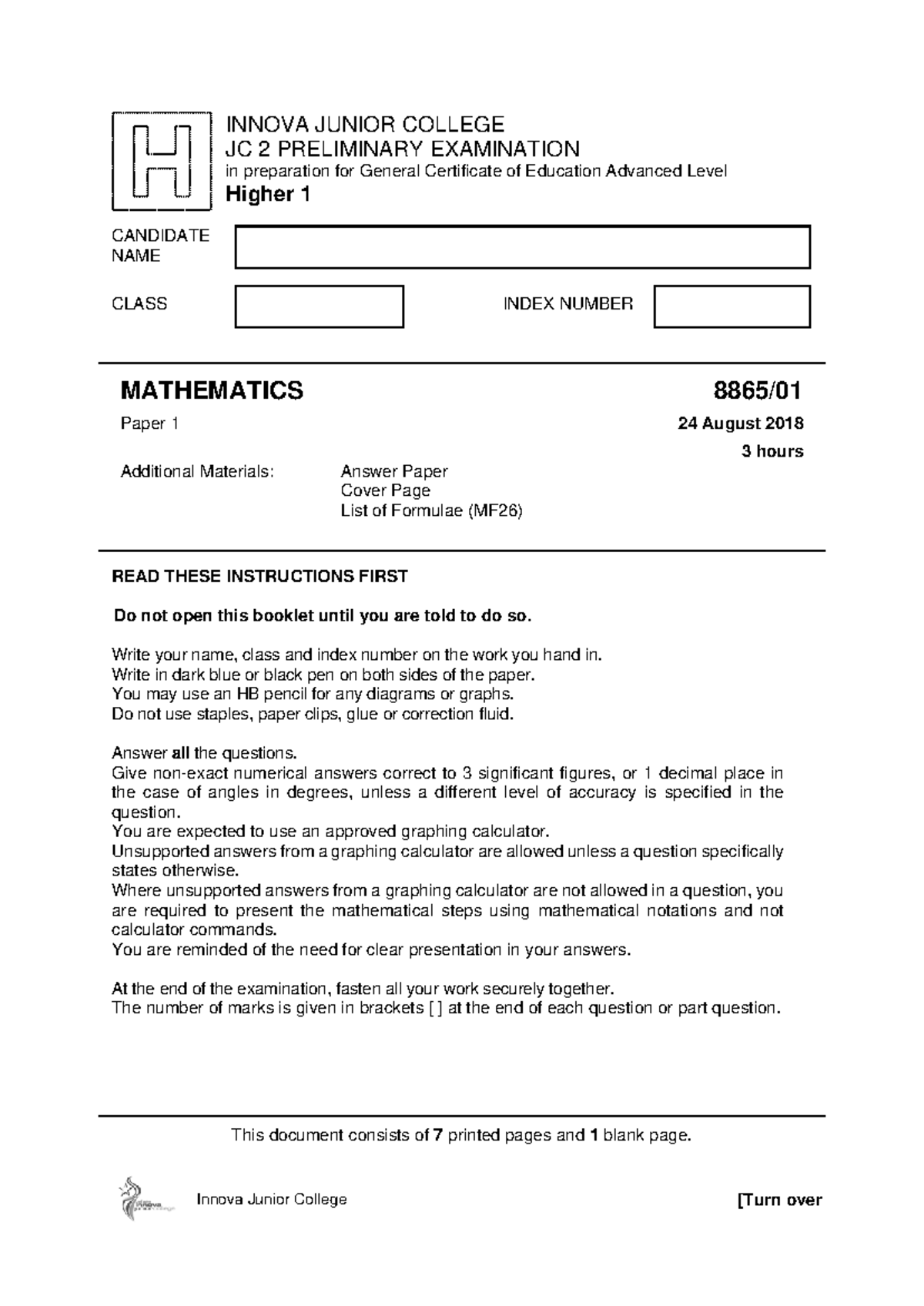 IJC H1 MATH QP - JC2 Preliminary Exam Practice Questions - Studocu