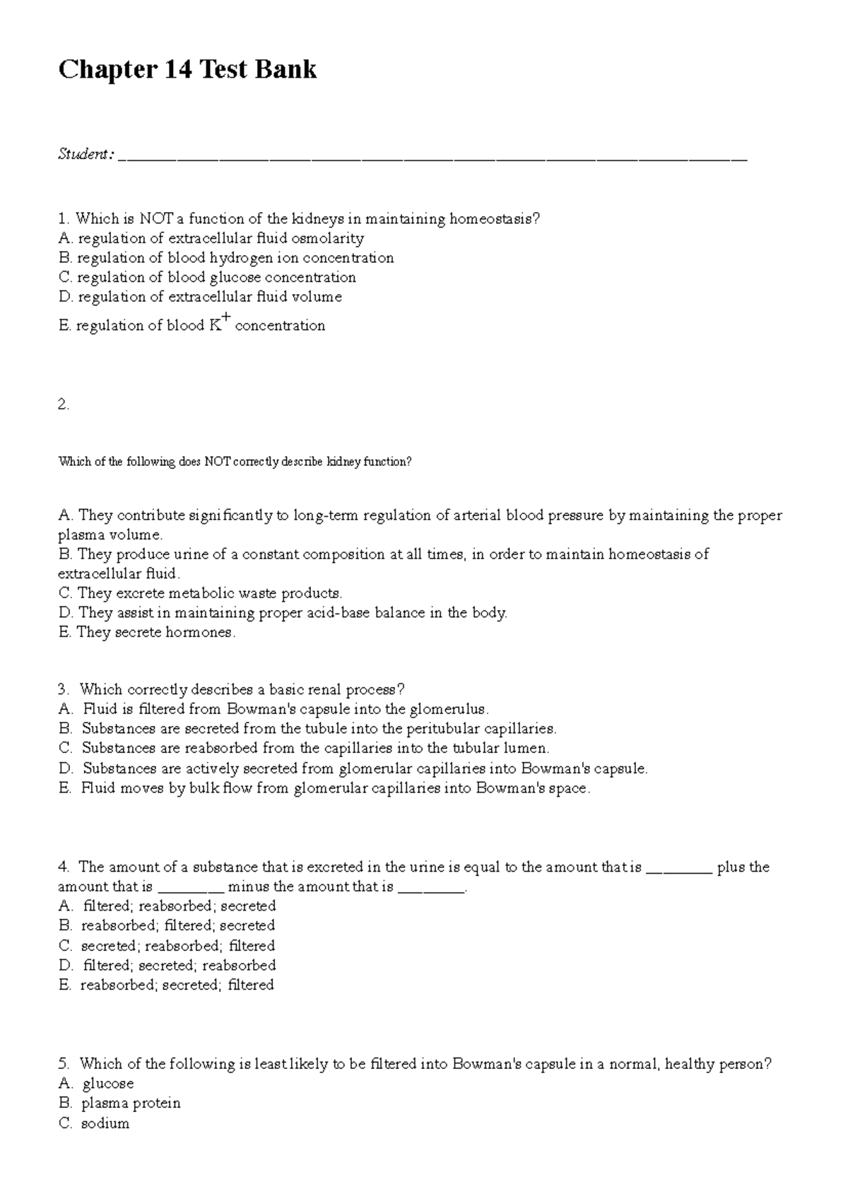 Chapter 14 Test Bank - Kidney Function & Homeostasis Solutions - Studocu