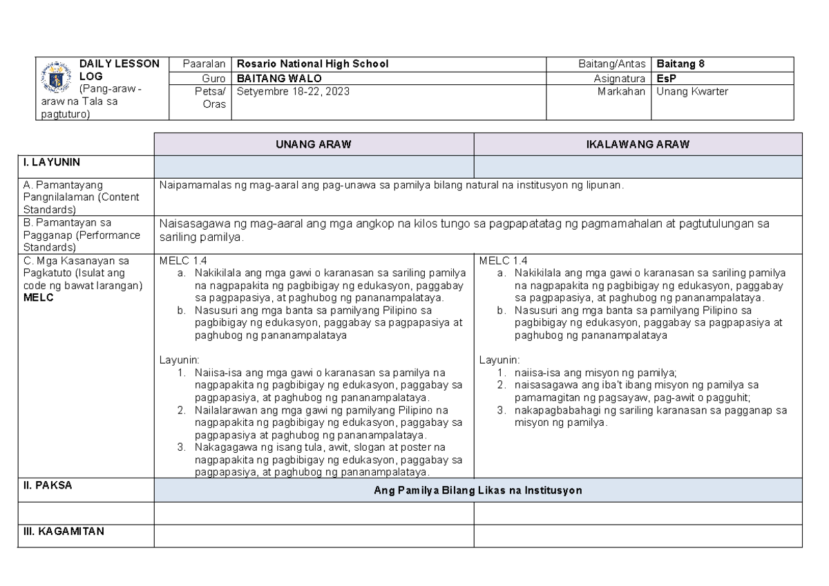 G8 EsP Q1 Week 4 Daily Lesson Plan on Family as a Social Institution ...