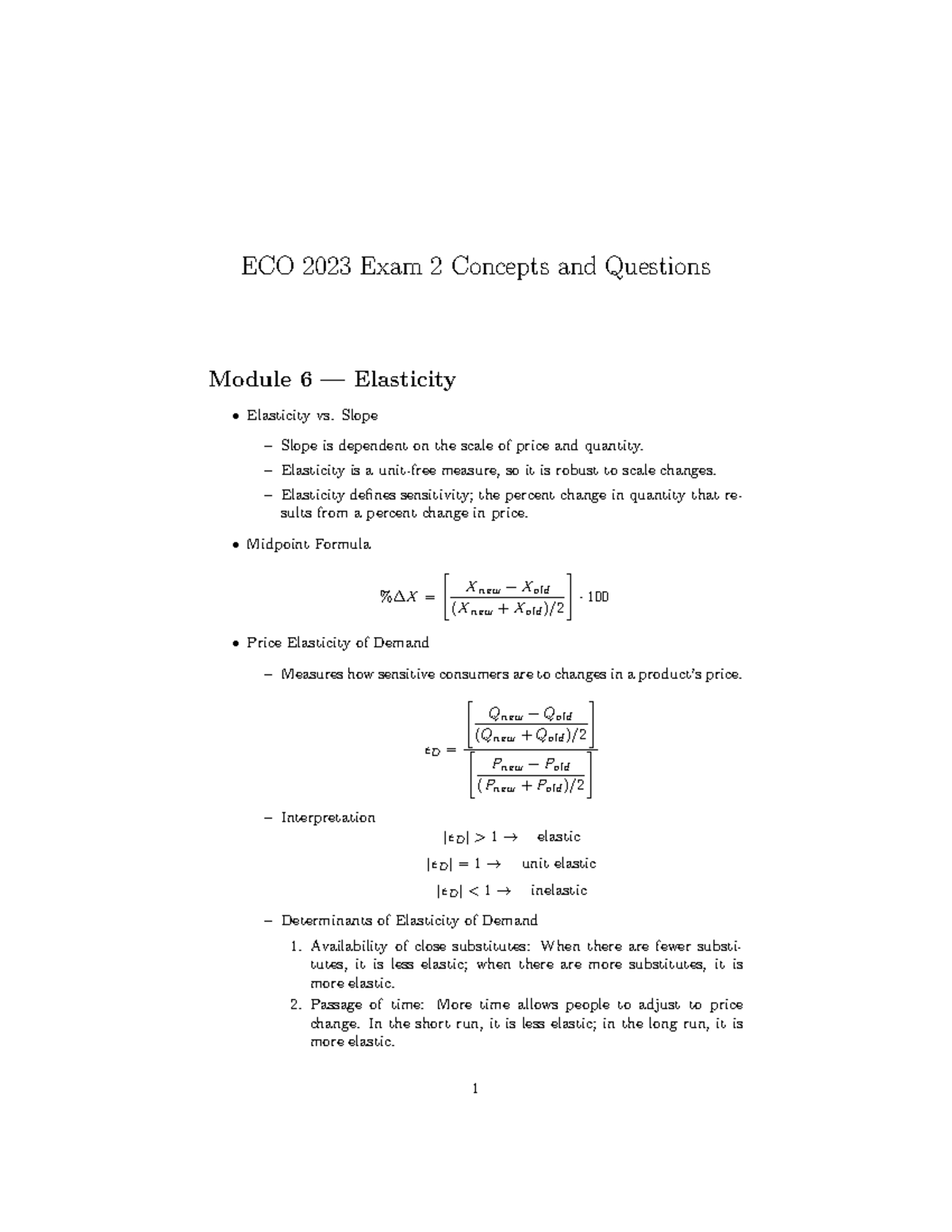 ECO 2023 Exam 2 Concepts & Practice Problems: Elasticity & Price ...