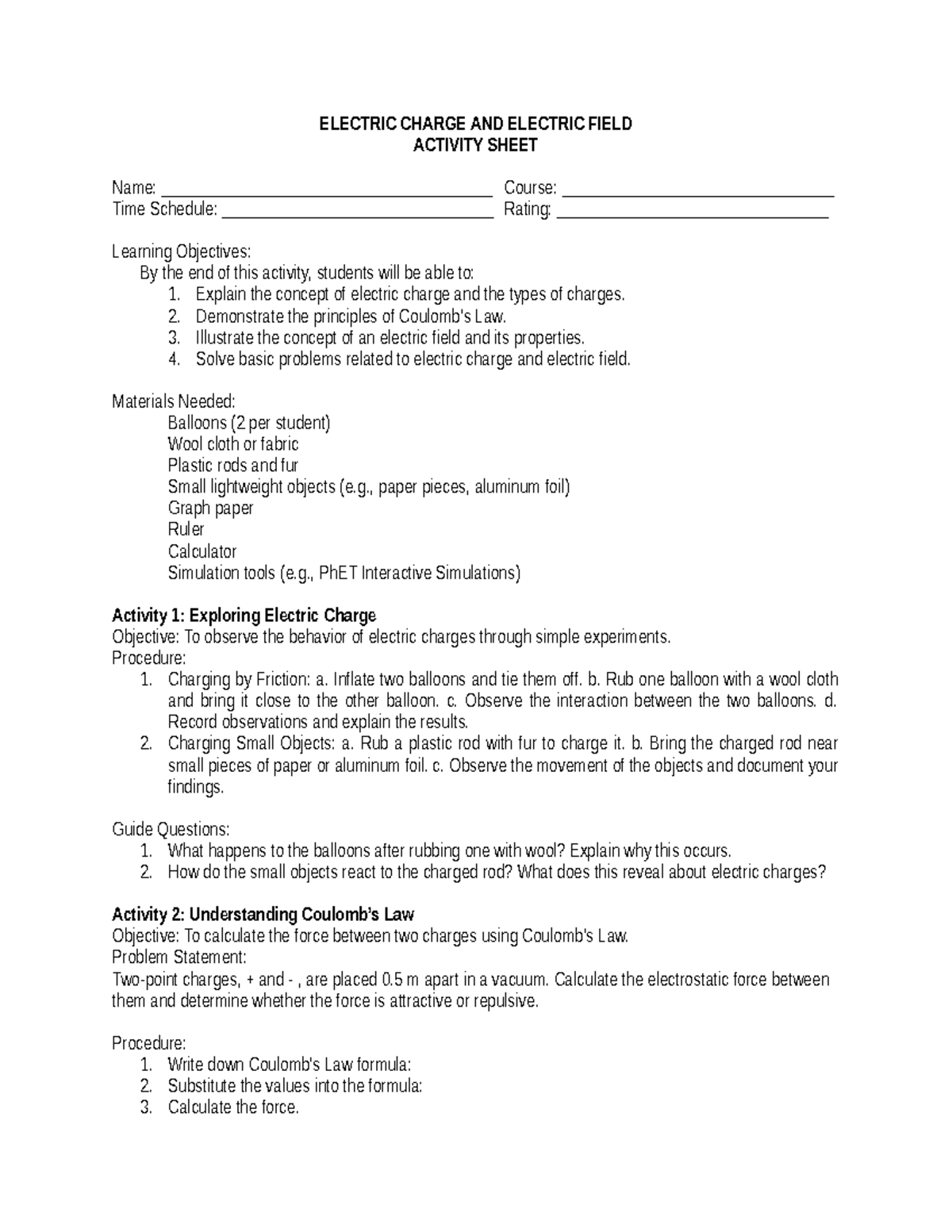 Electric Charge AND Electric Field Activity Sheet - ELECTRIC CHARGE AND ...