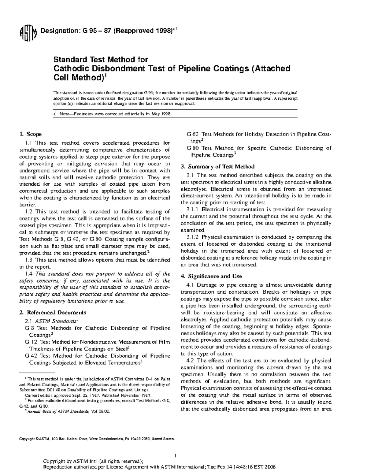 G 8 96 (2003) Standard Test Methods for Cathodic Disbonding of Coatings ...