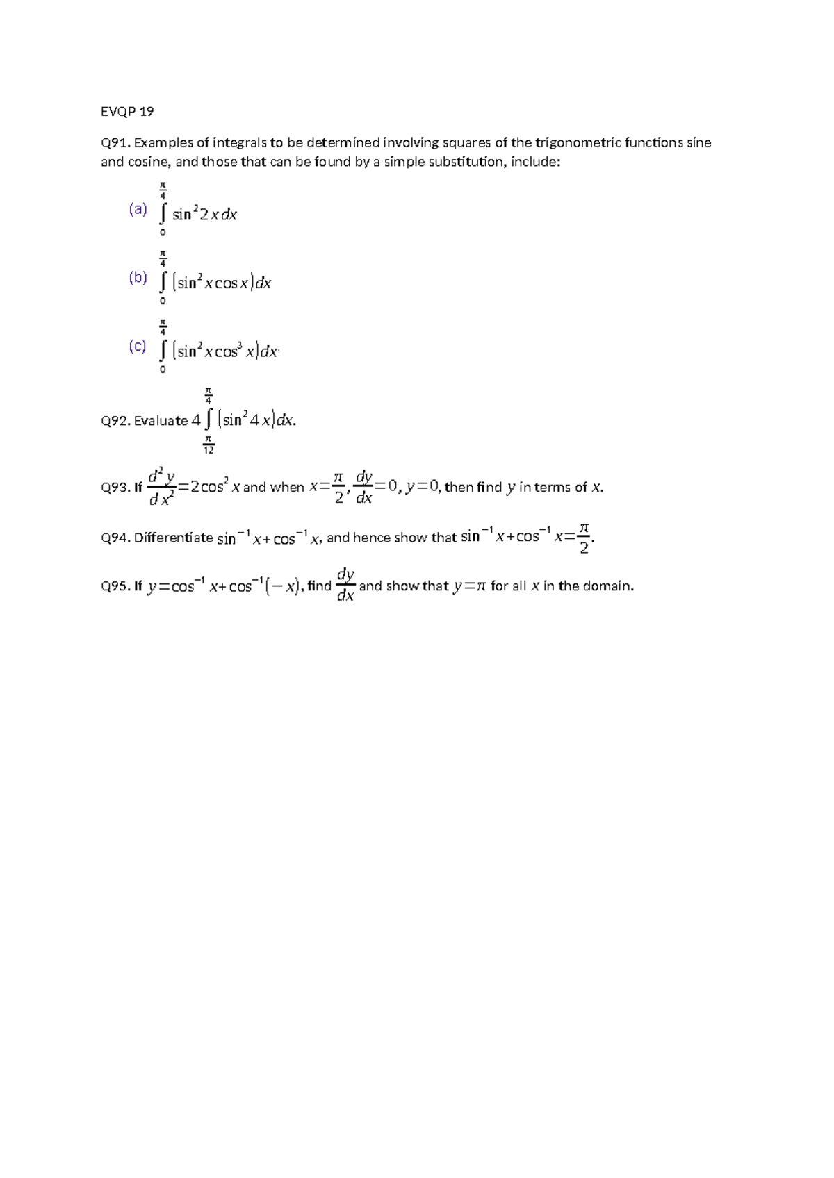 EVQP 19 - Practice Questions on Trigonometric Integrals - Studocu