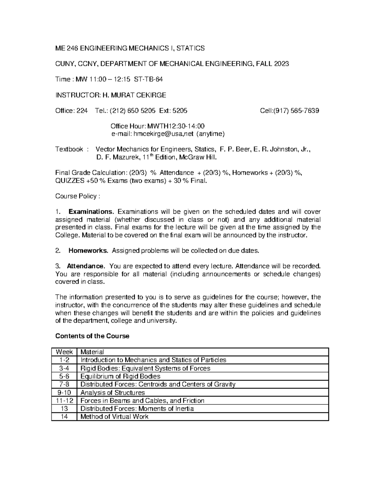 ME 246 Statics Syllabus Overview - FALL 2023 - Studocu