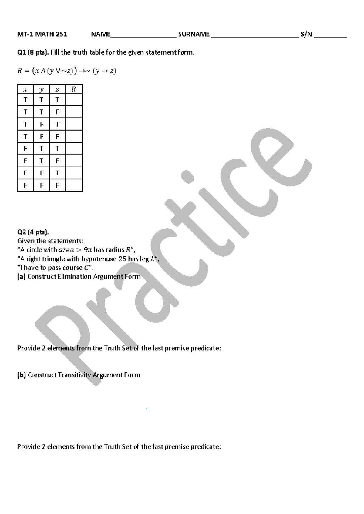MATH 251 Practice Midterm 1: Truth Tables & Computations - Studocu