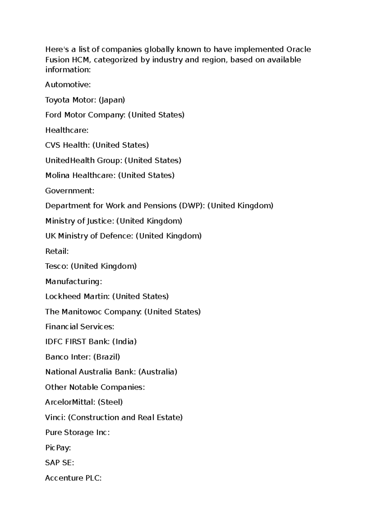 List of Companies Using Oracle Fusion HCM Globally - Studocu