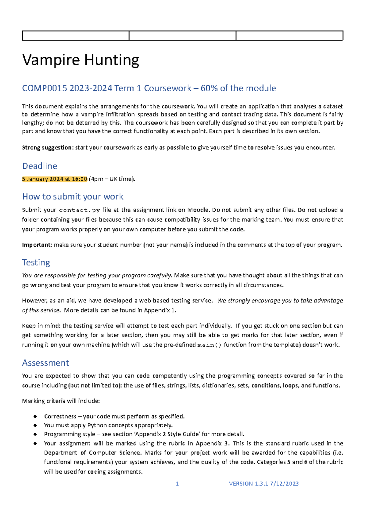 Vampire Hunting Coursework Guide - COMP0015 Term 1 2023-2024 - Studocu