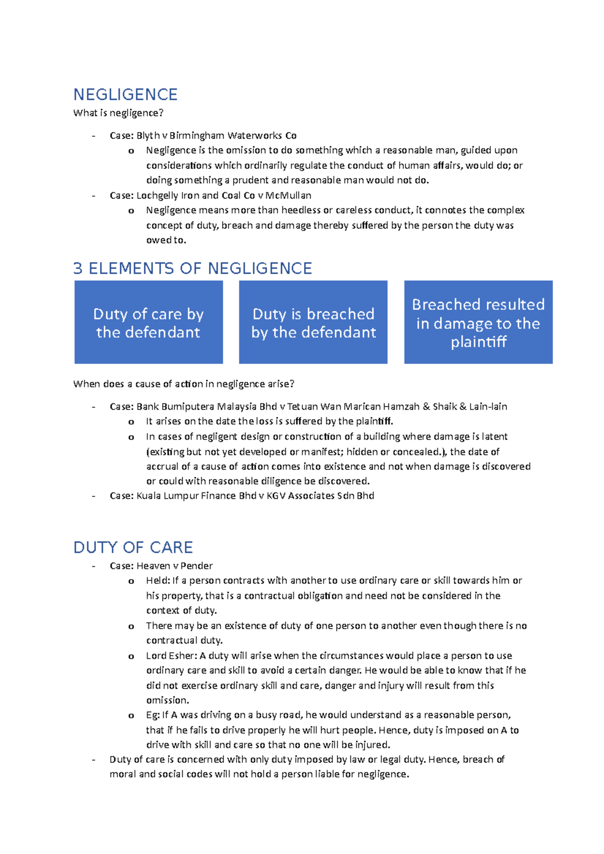 Torts Notes: Duty of Care and Negligence Case Law Analysis - Studocu