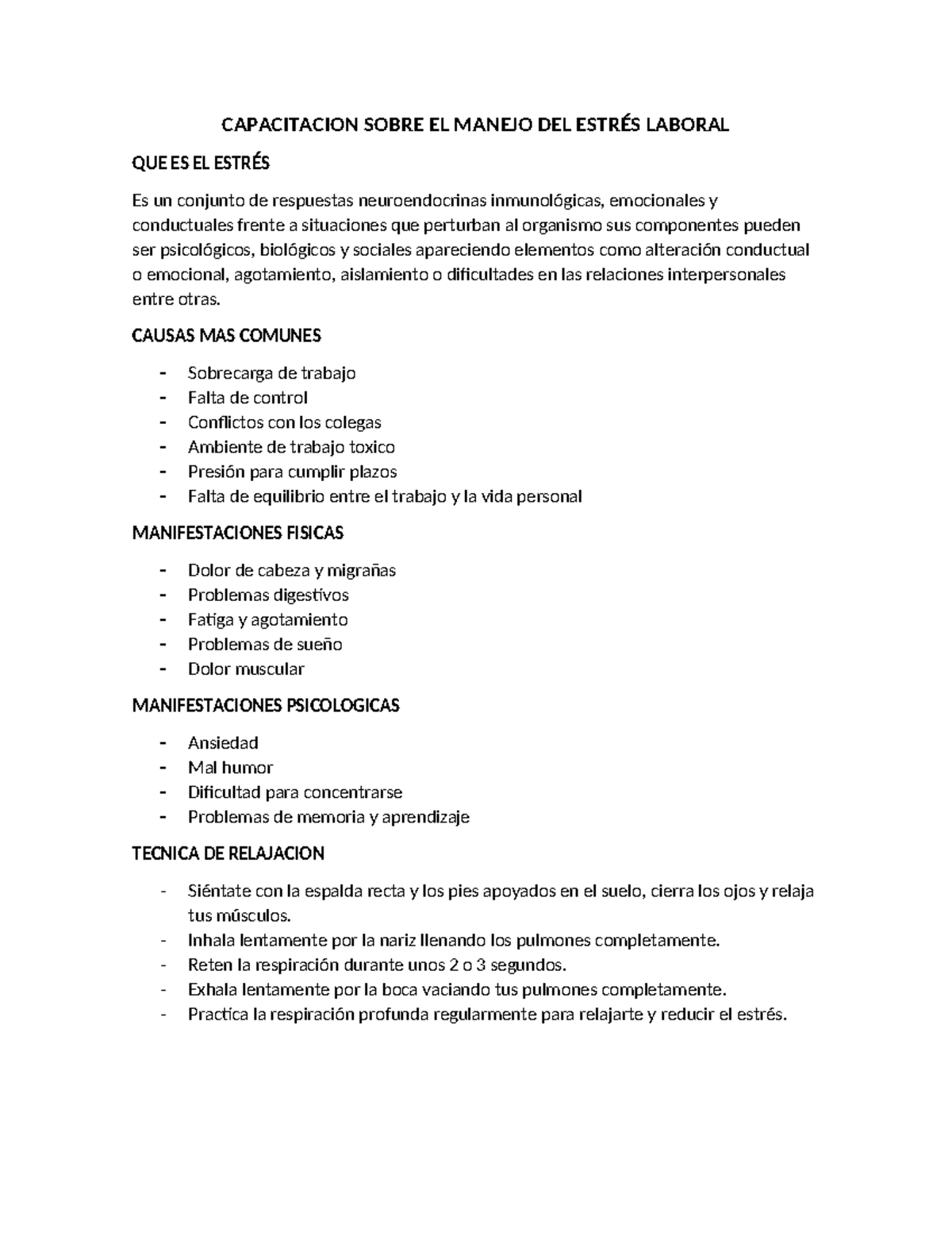 CAPACITACIÓN SOBRE EL MANEJO DEL ESTRÉS LABORAL - TÉCNICAS Y CAUSAS ...