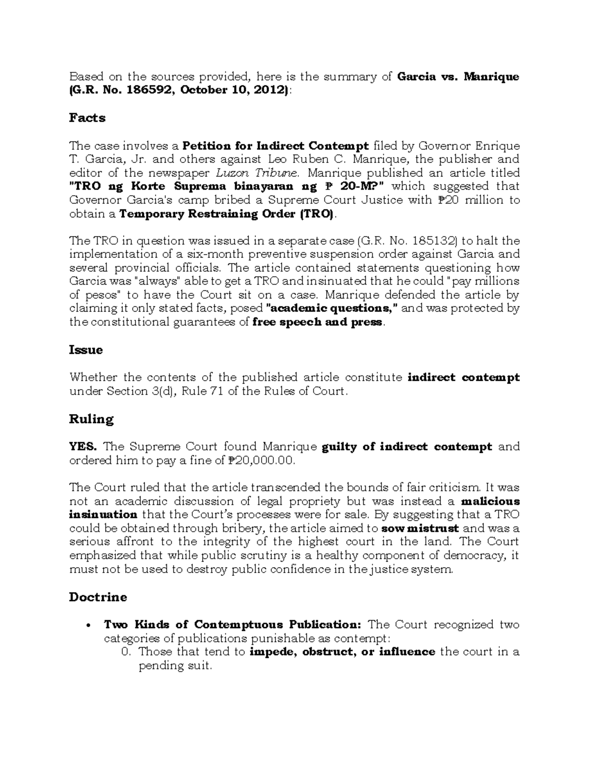 Garcia vs. Manrique (G.R. No. 186592, 2012) - Indirect Contempt Summary ...