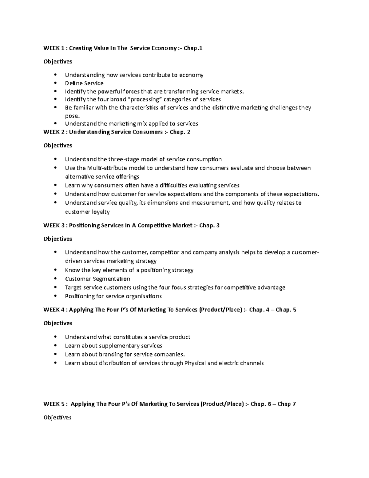 Service Marketing - Course Outline and Weekly Objectives - Studocu