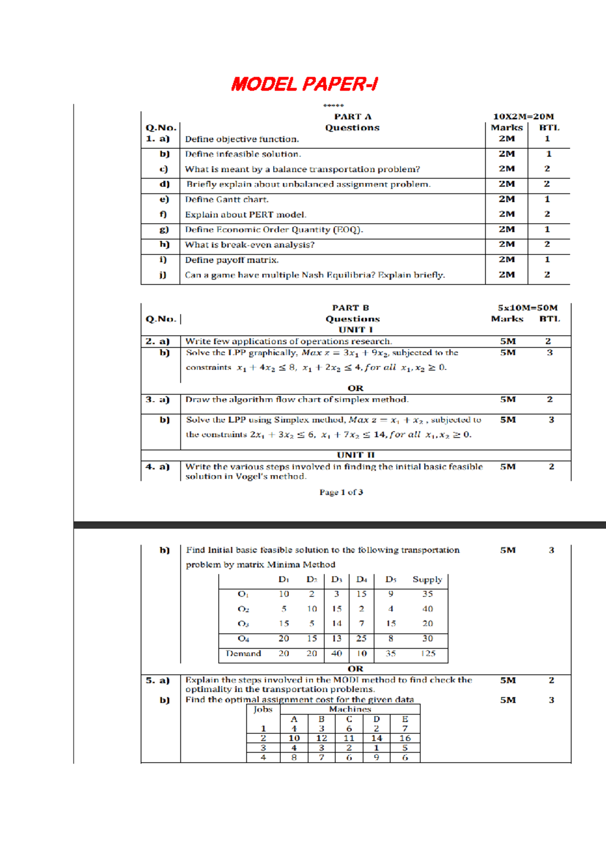 OT Model Paper-1: Key Concepts in Operations Research and PERT - Studocu