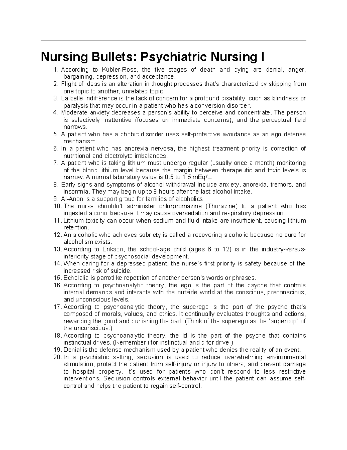 Psychiatric Nursing I: Key Concepts and Important Notes - Studocu