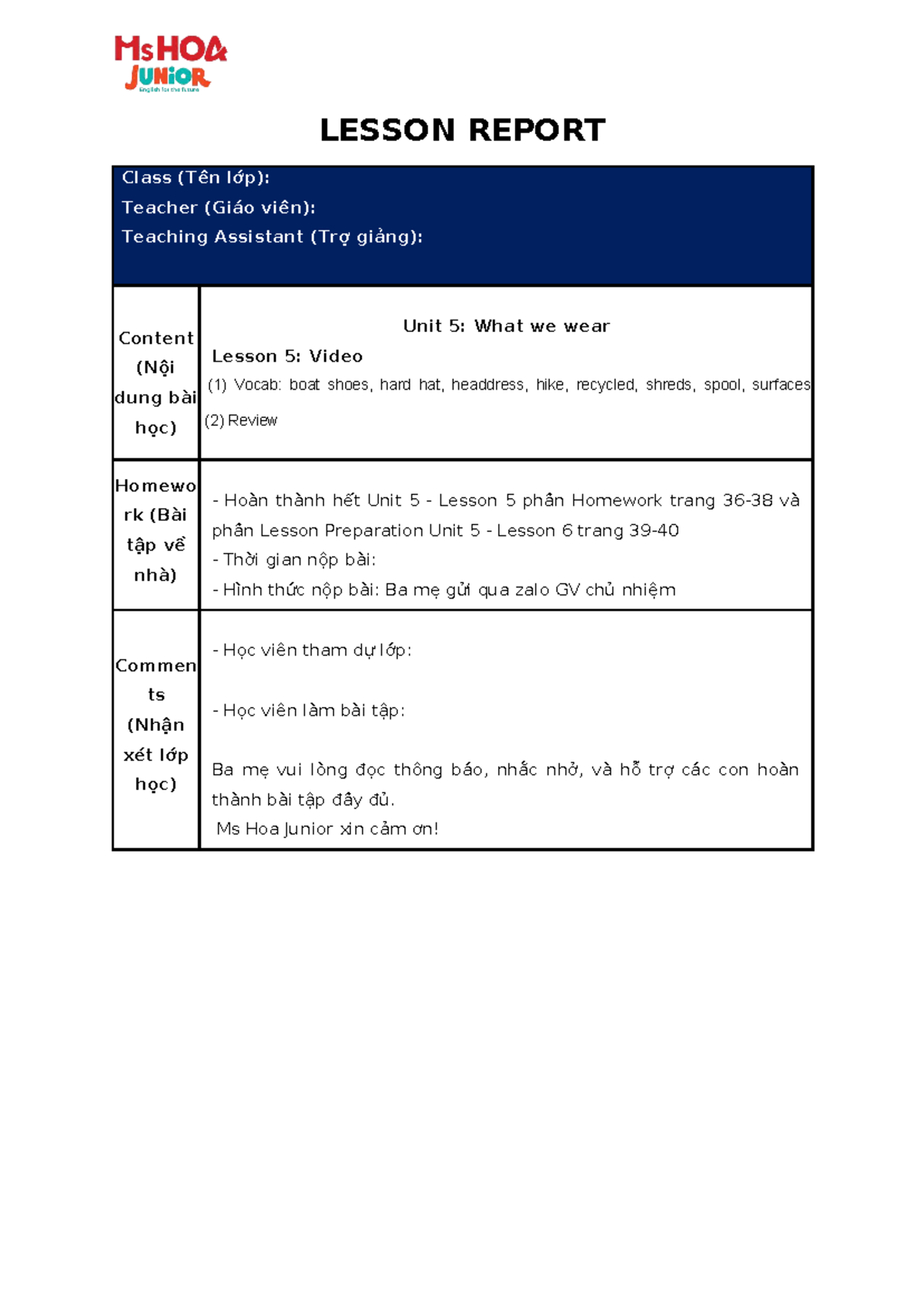 Lesson Report - Unit 5, Lesson 5 - Pioneer 1 - Studocu