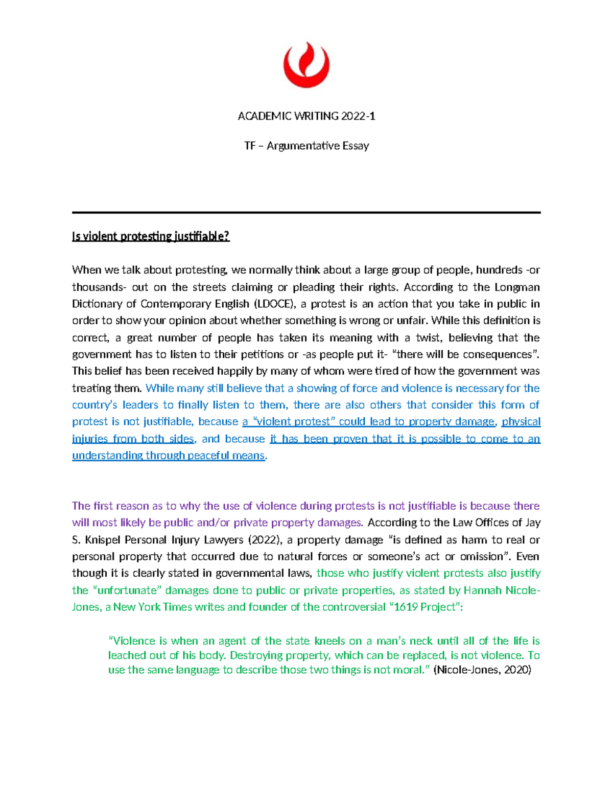 TF – Is Violent Protesting Justifiable? Argumentative Essay - Studocu
