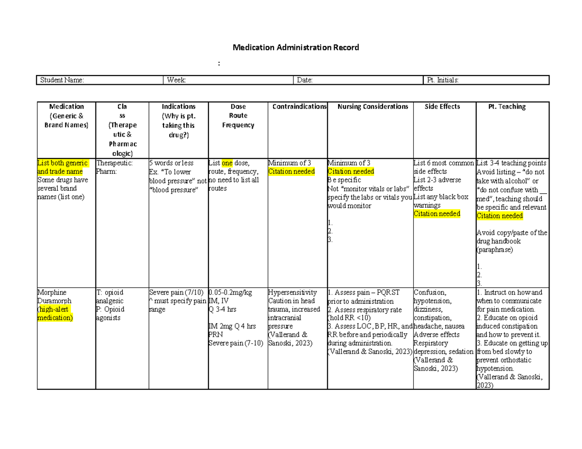 Medication Administration Record (MAR) Example: Therapeutic ...