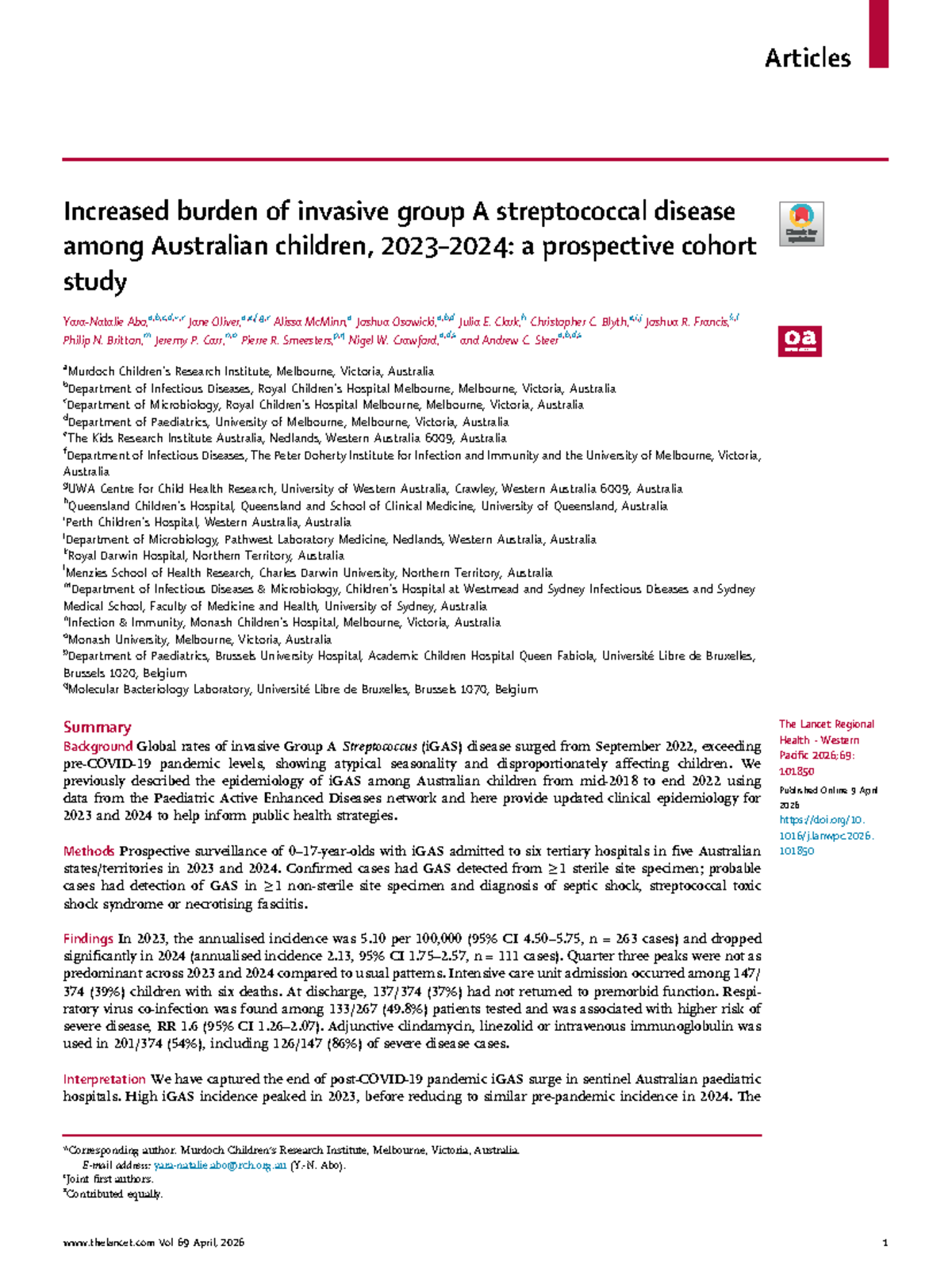 Invasive Group A Streptococcal Disease in Australian Children: 2023 ...