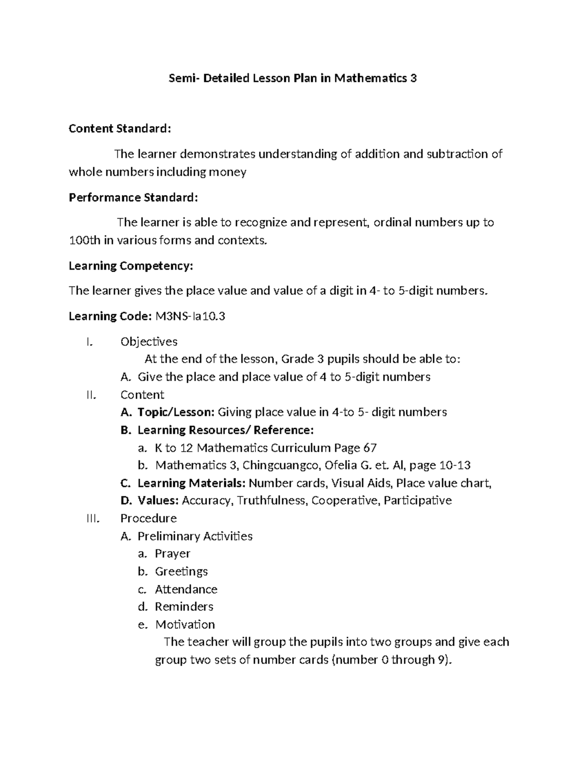 Semi-Detailed Lesson Plan: Place Value in Math 3 (DULO) - Studocu