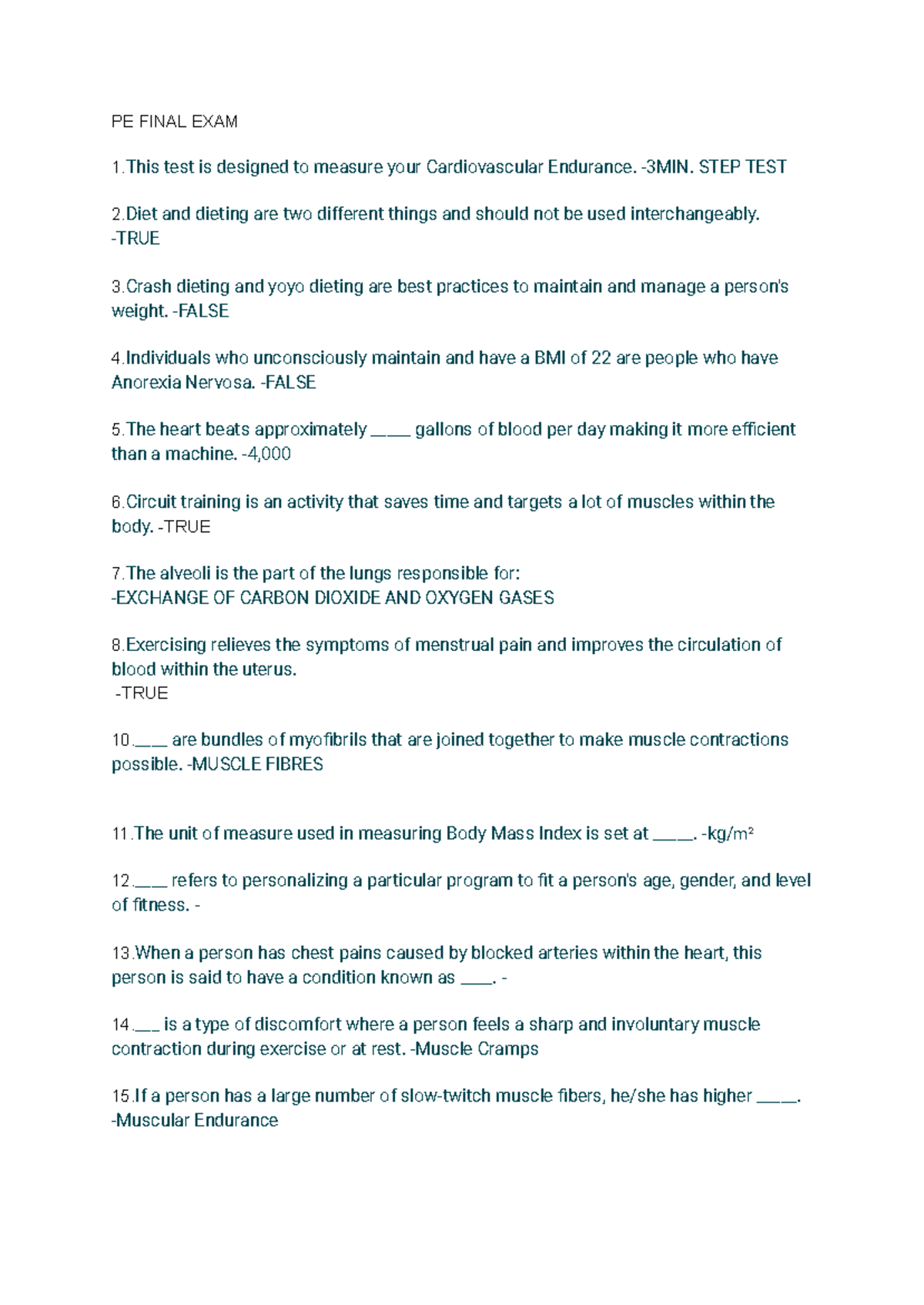 PE- Final Exam Study Guide: Key Concepts and Important Info - Studocu