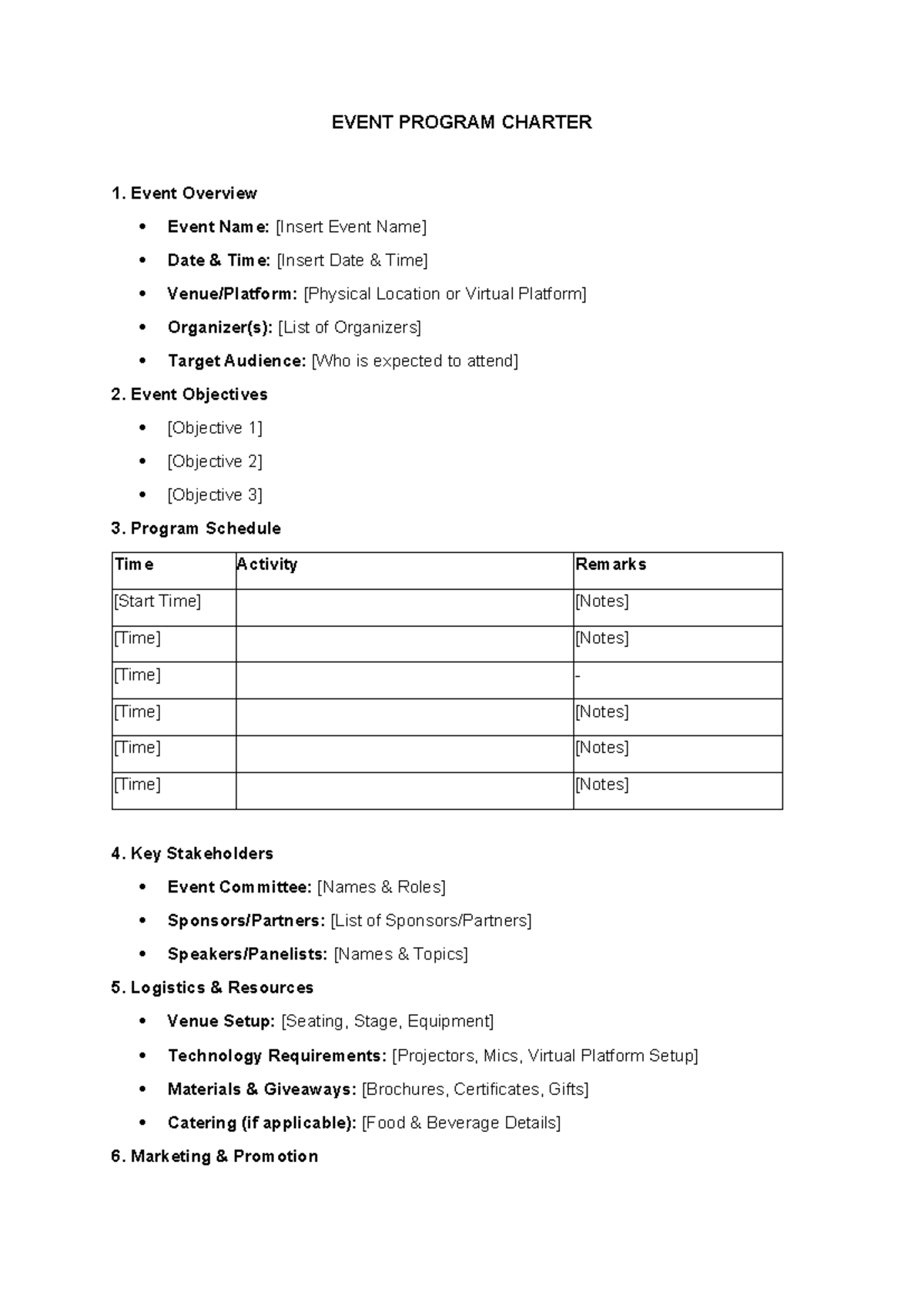 Event Program Charter: Overview, Objectives, Schedule & Logistics - Studocu