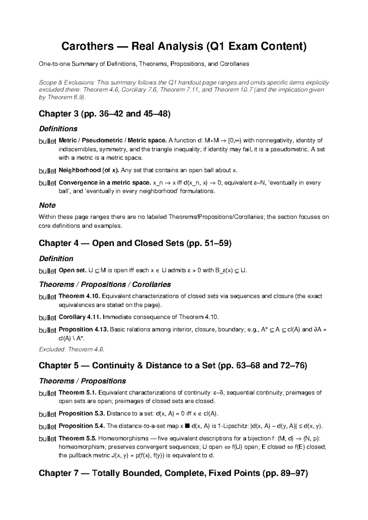 Carothers Real Analysis (Q1 Exam) Summary of Key Concepts - Studeersnel