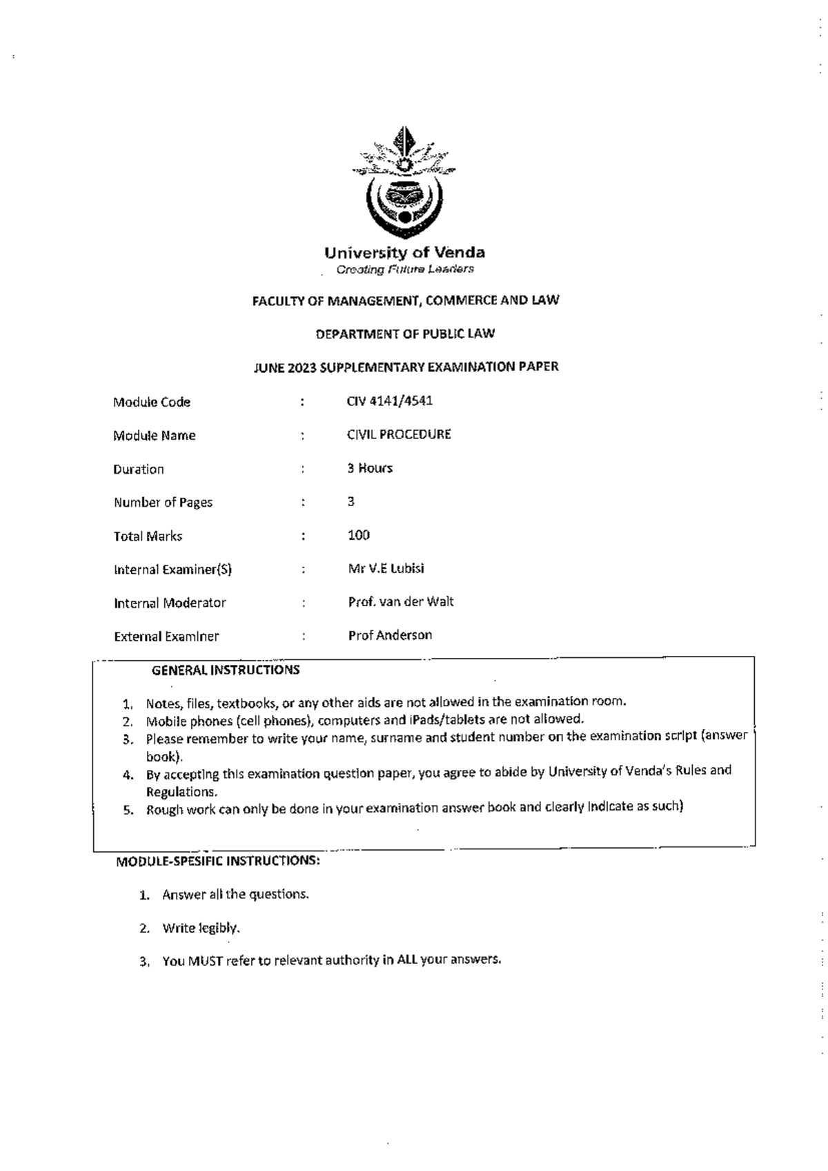 Civ exam paper - University of Venda Creating Future Leaders FACULTY OF ...