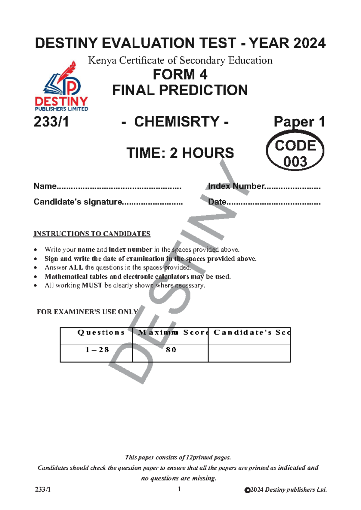 Chemistry PP1 - revision for form 4 final prediction exam 2024 - Studocu