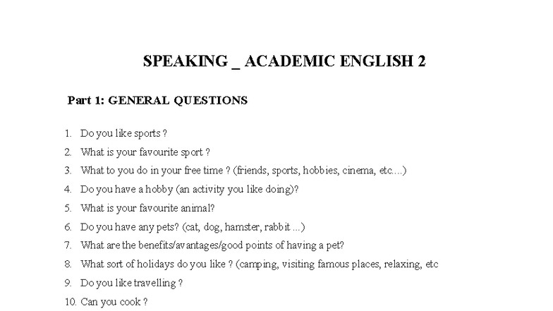 Speaking Academic English 2: General Questions & Scenarios - Studocu