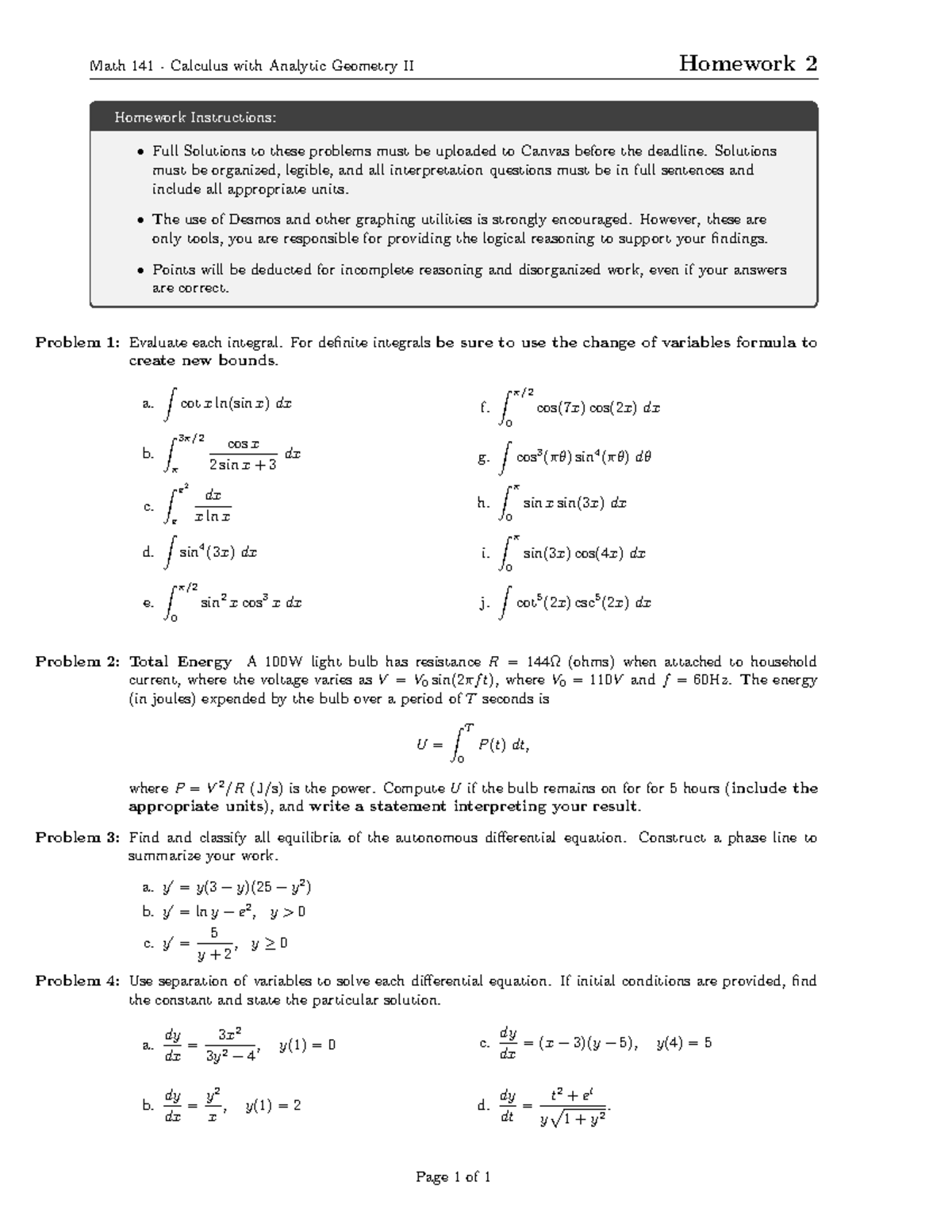 Homework 2 - Math 141 Calculus II Full Solutions Guide - Studocu