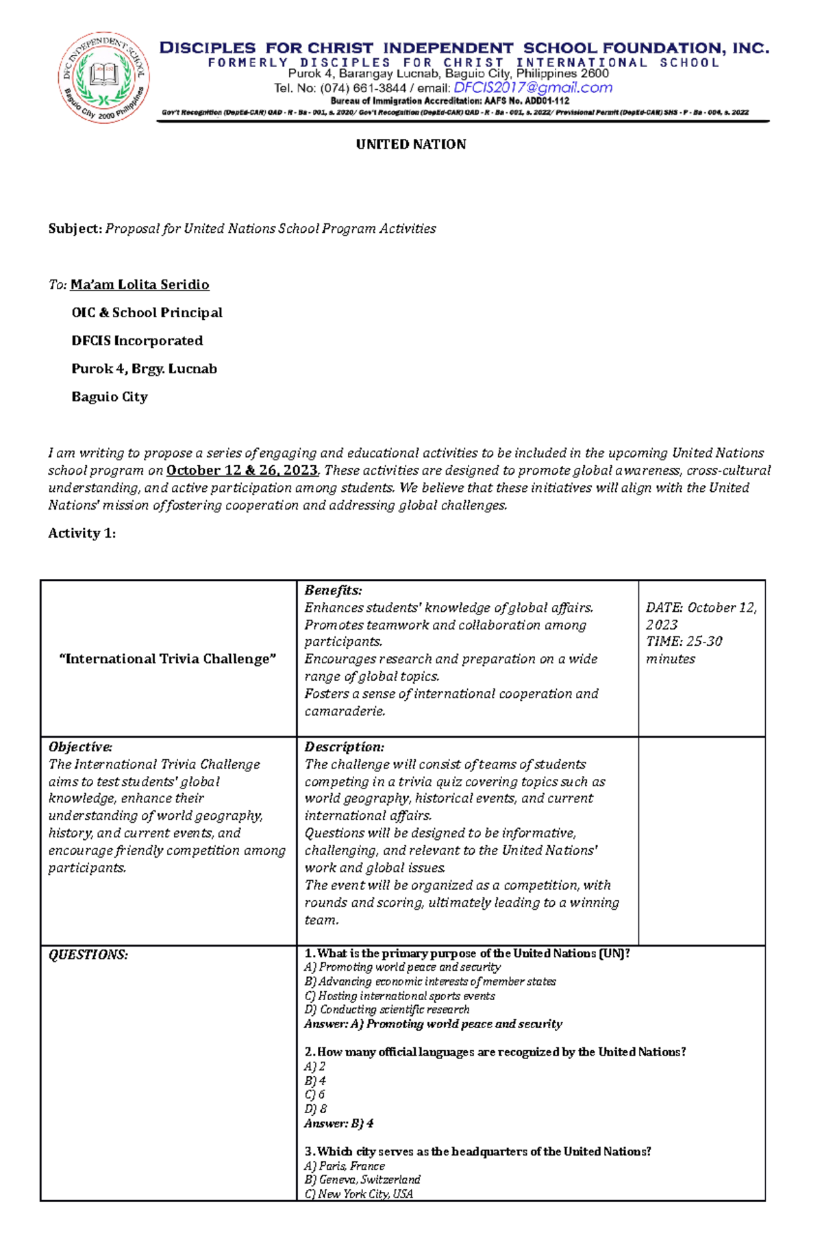Proposal for UN School Program Activities (Oct 2023) - Studocu