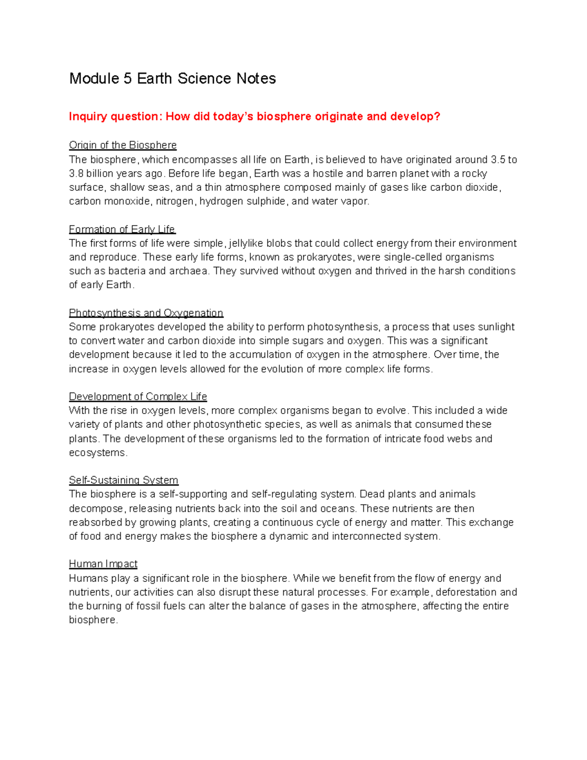 YR12 EES Module 5: Earth Science Notes on Biosphere Origin and ...