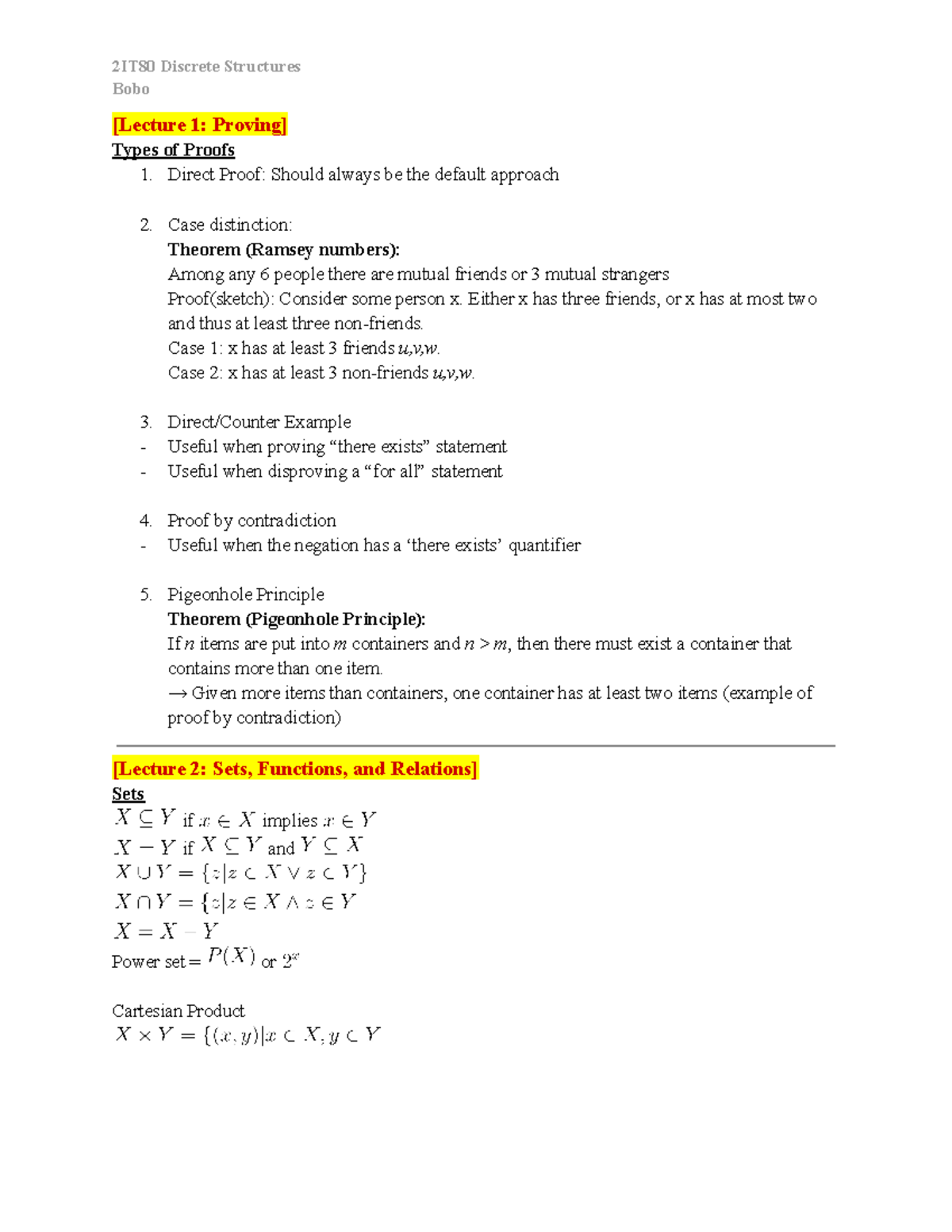 2IT80 Revision: Summary of Discrete Structures Lectures and Proof ...