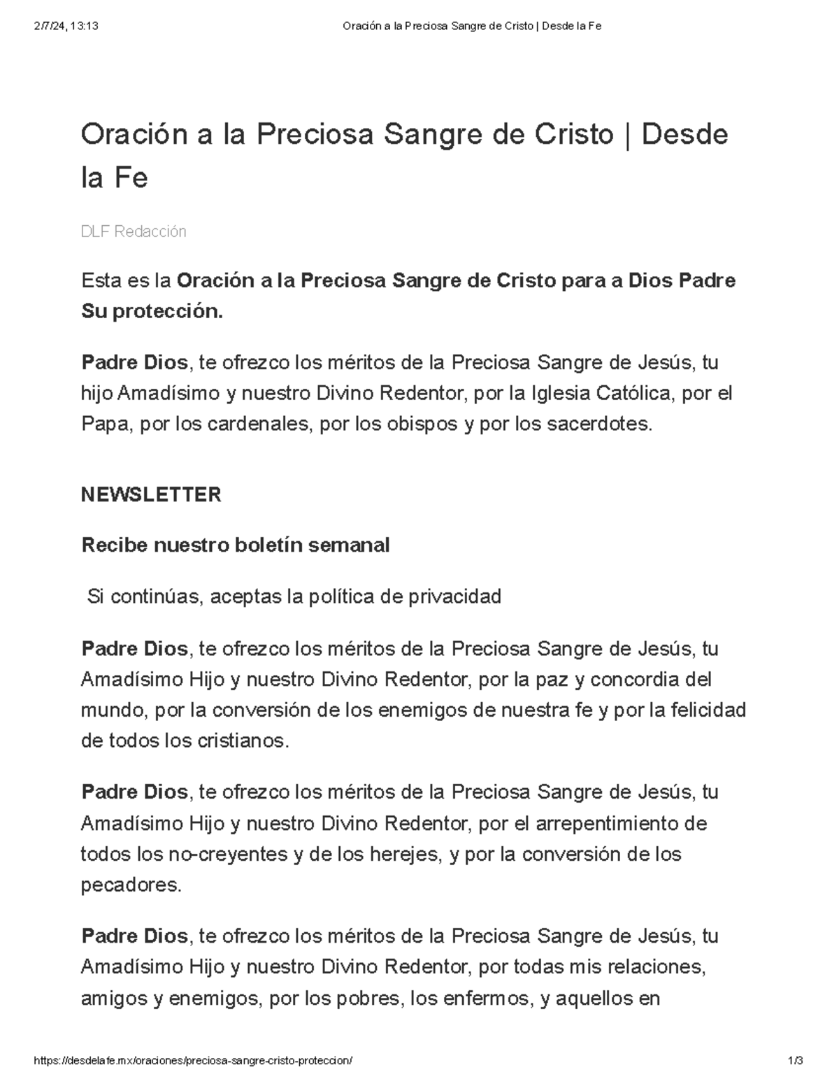 Oración a la Preciosa Sangre de Cristo Desde la Fe - Oración a la ...