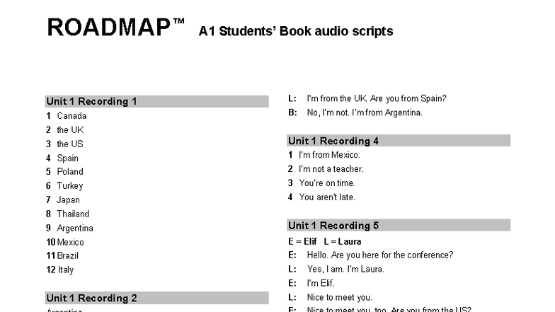 A1 Roadmap Audio Transcription: Units 1-8 Scripts - Studocu