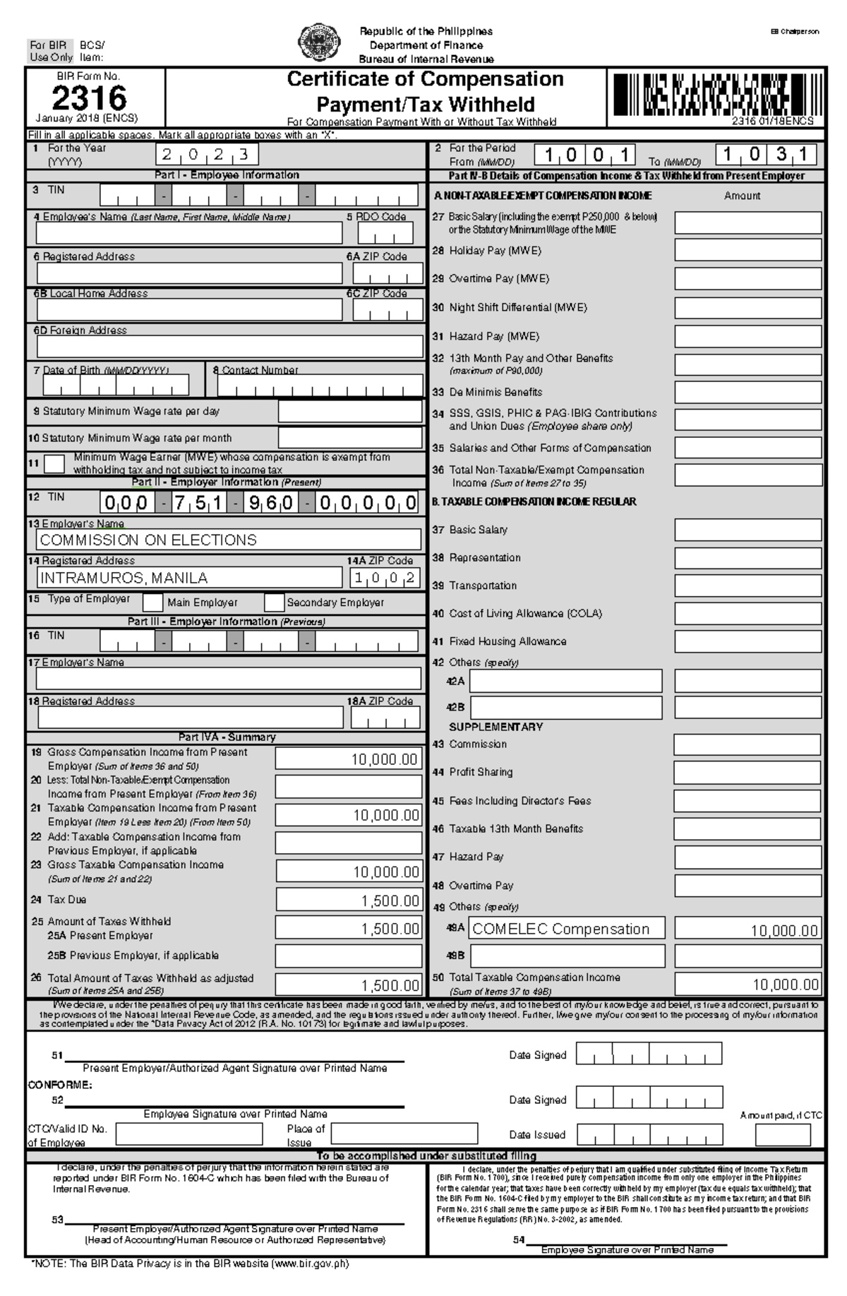 EB Chairperson 2316-1 - For Compensation Payment With or Without Tax ...