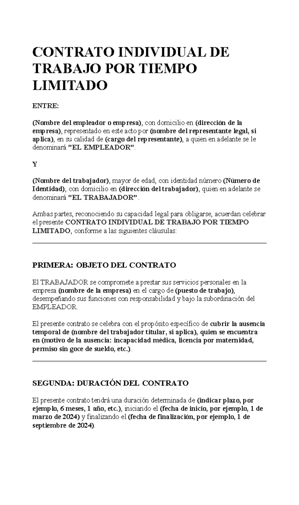 Contrato Individual de Trabajo por Tiempo Limitado - Ejemplo - Studocu