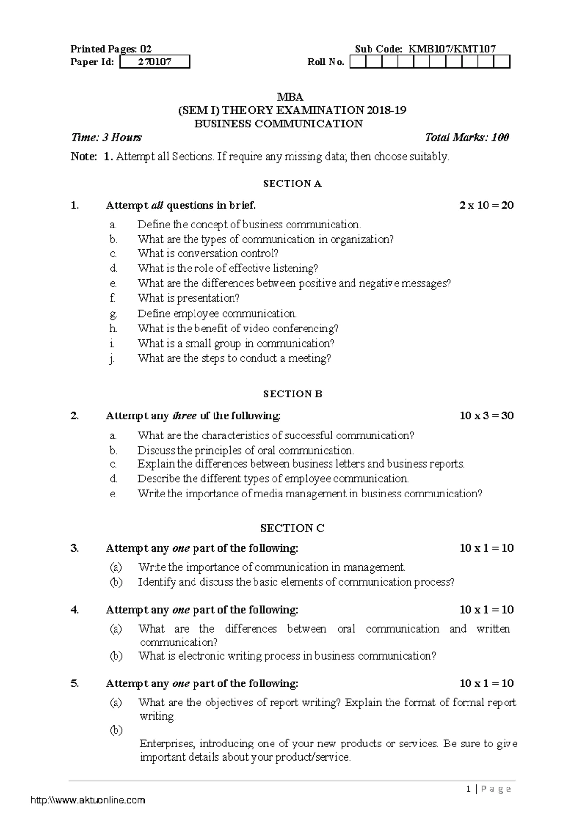 MBA 1st Sem Management Concepts & Organizational Behavior KMBN101 Exam ...