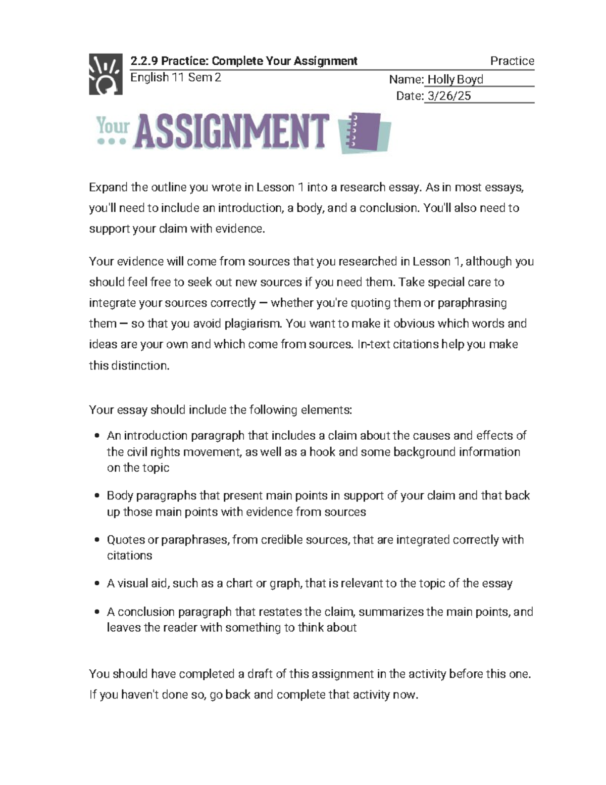 2.2.9 Practice - Complete Your Assignment (Practice) - 2.2 Practice ...