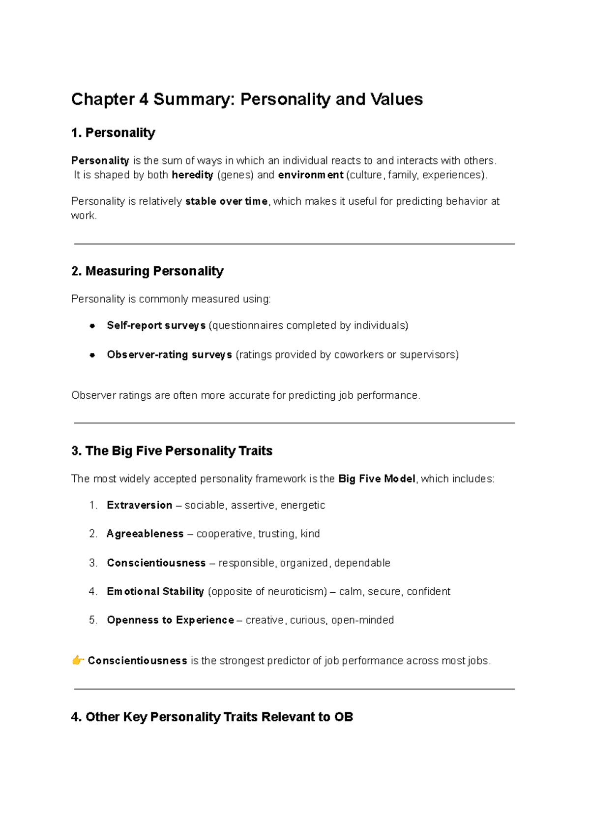 Chapter 4 Summary: Personality & Values in OB - Studocu