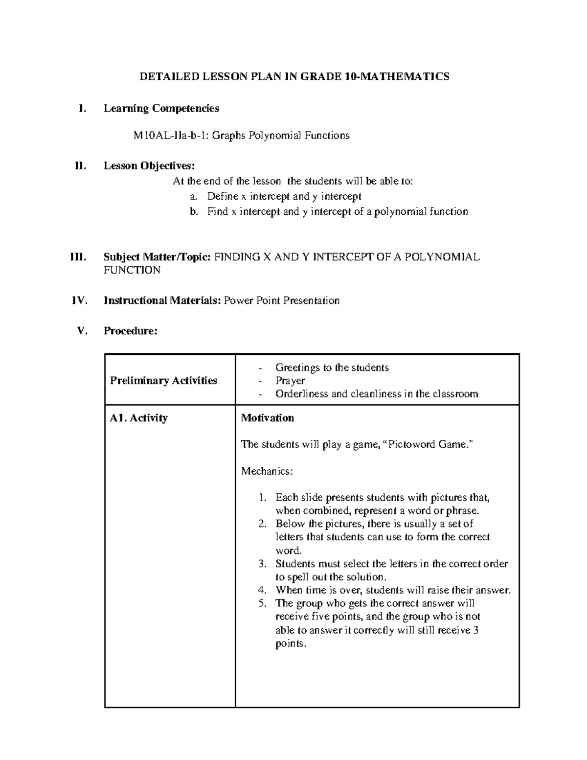 Grade 10 Math Lesson Plan: Finding X and Y Intercepts of Polynomials ...