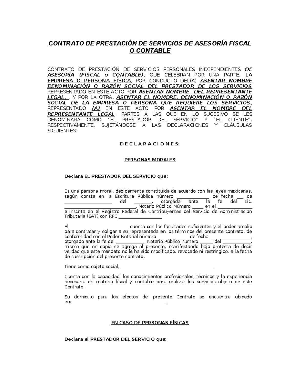 Contrato de Prestación de Servicios de Asesoría Fiscal y Contable - Studocu