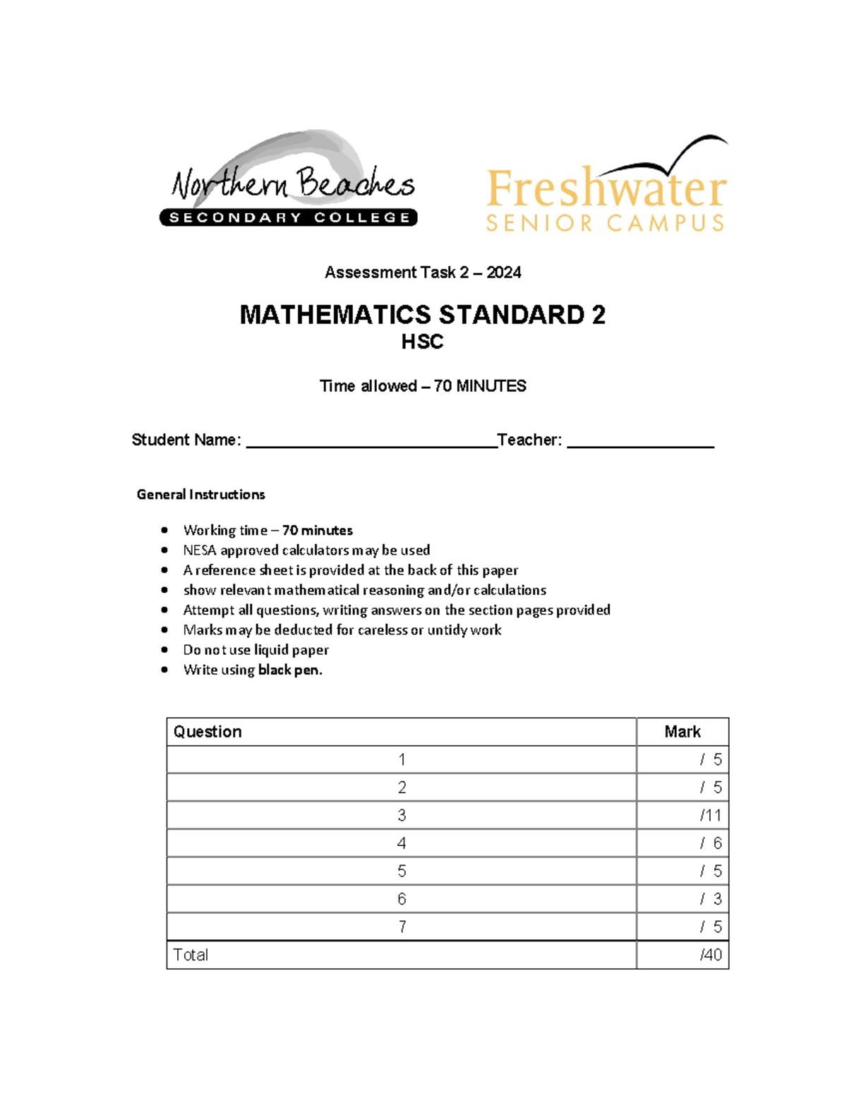 2024 HSC Mathematics-Standard-2 AT2 Exam - Assessment Task 2 – 2024 ...