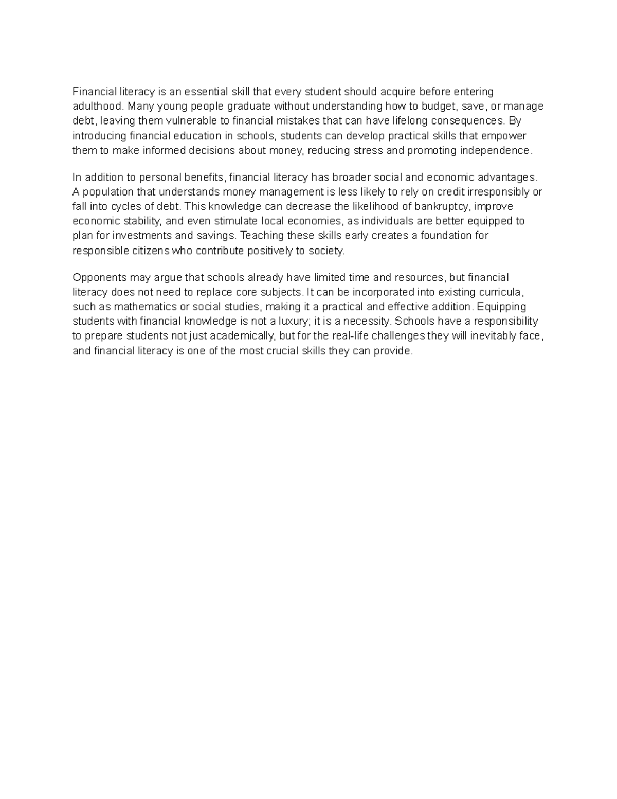 Financial Literacy: Essential Skills for Students (Writing - Per) - Studocu