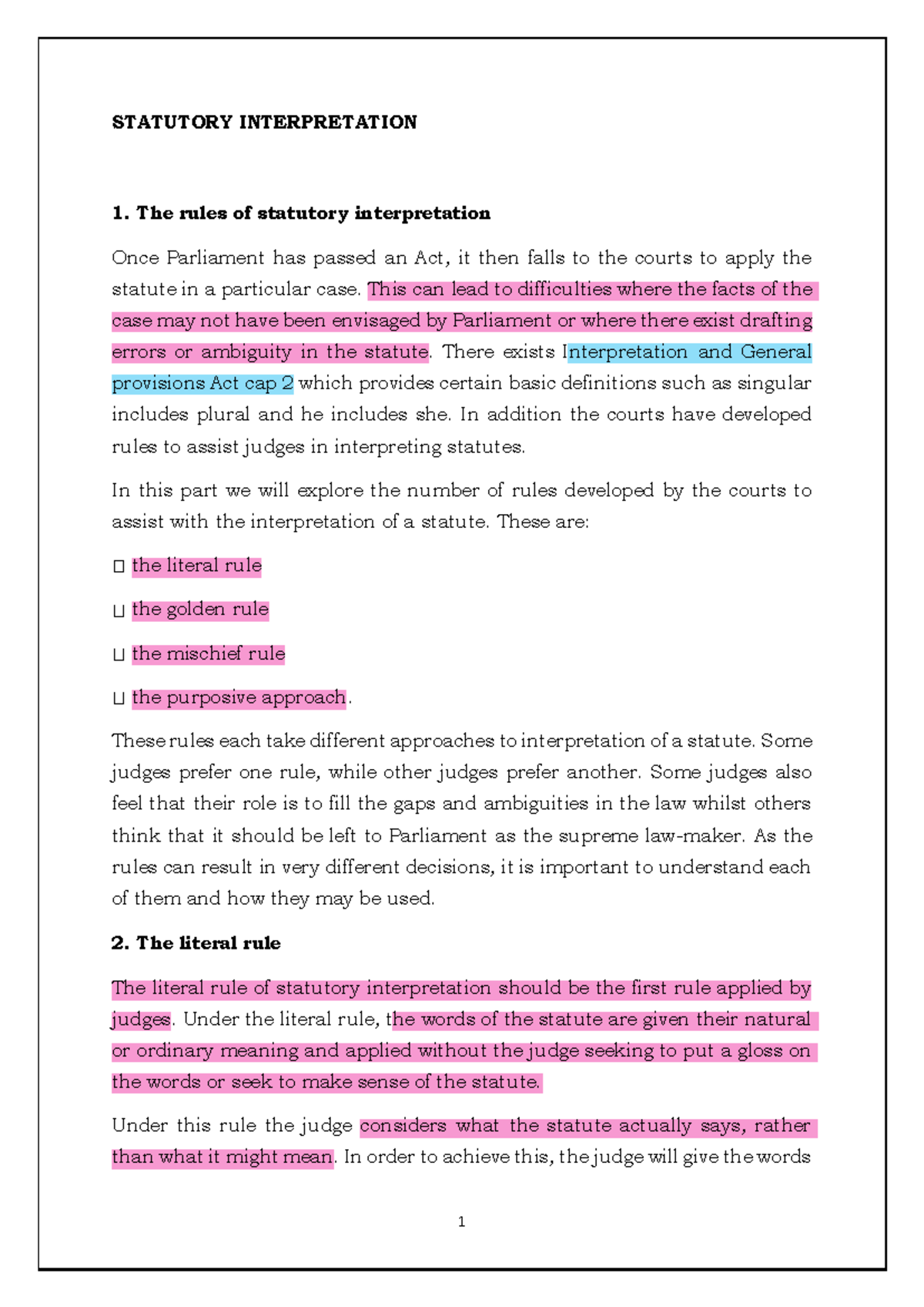 Statutory Interpretation: An Overview of Key Rules and Approaches - Studocu